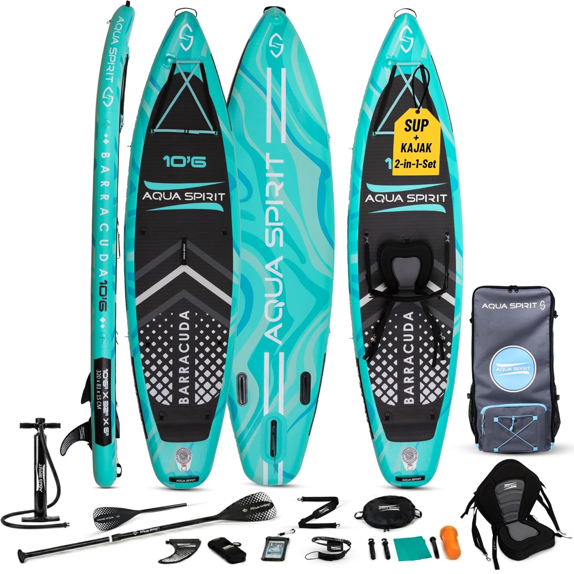 AQUA SPIRIT Barracuda SUP Board Set, Aufblasbares Stand-Up Paddle Board Set 6 Zoll dick mit Kajaksitz, verstellbarem Paddel, Tragetasche und Sicherheitsleine, Komplettes Zubehör, 3 Jahre Garantie (Grün)