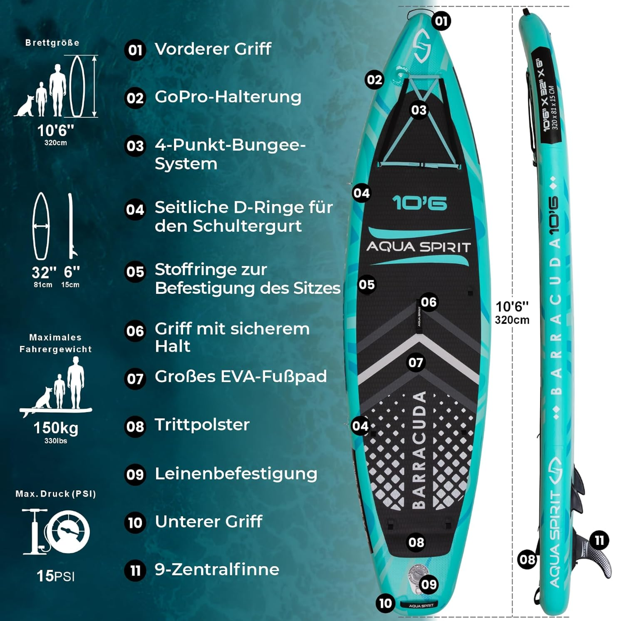 AQUA SPIRIT Barracuda SUP Board Set, Aufblasbares Stand-Up Paddle Board Set 6 Zoll dick mit Kajaksitz, verstellbarem Paddel, Tragetasche und Sicherheitsleine, Komplettes Zubehör, 3 Jahre Garantie (Grün)