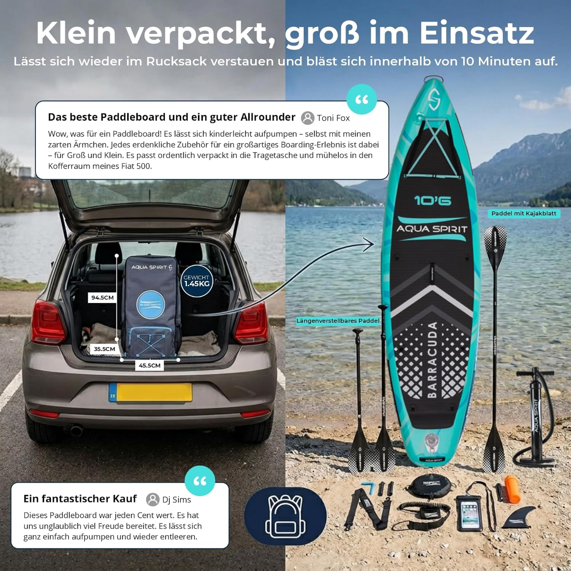 AQUA SPIRIT Barracuda SUP Board Set, Aufblasbares Stand-Up Paddle Board Set 6 Zoll dick mit Kajaksitz, verstellbarem Paddel, Tragetasche und Sicherheitsleine, Komplettes Zubehör, 3 Jahre Garantie (Grün)