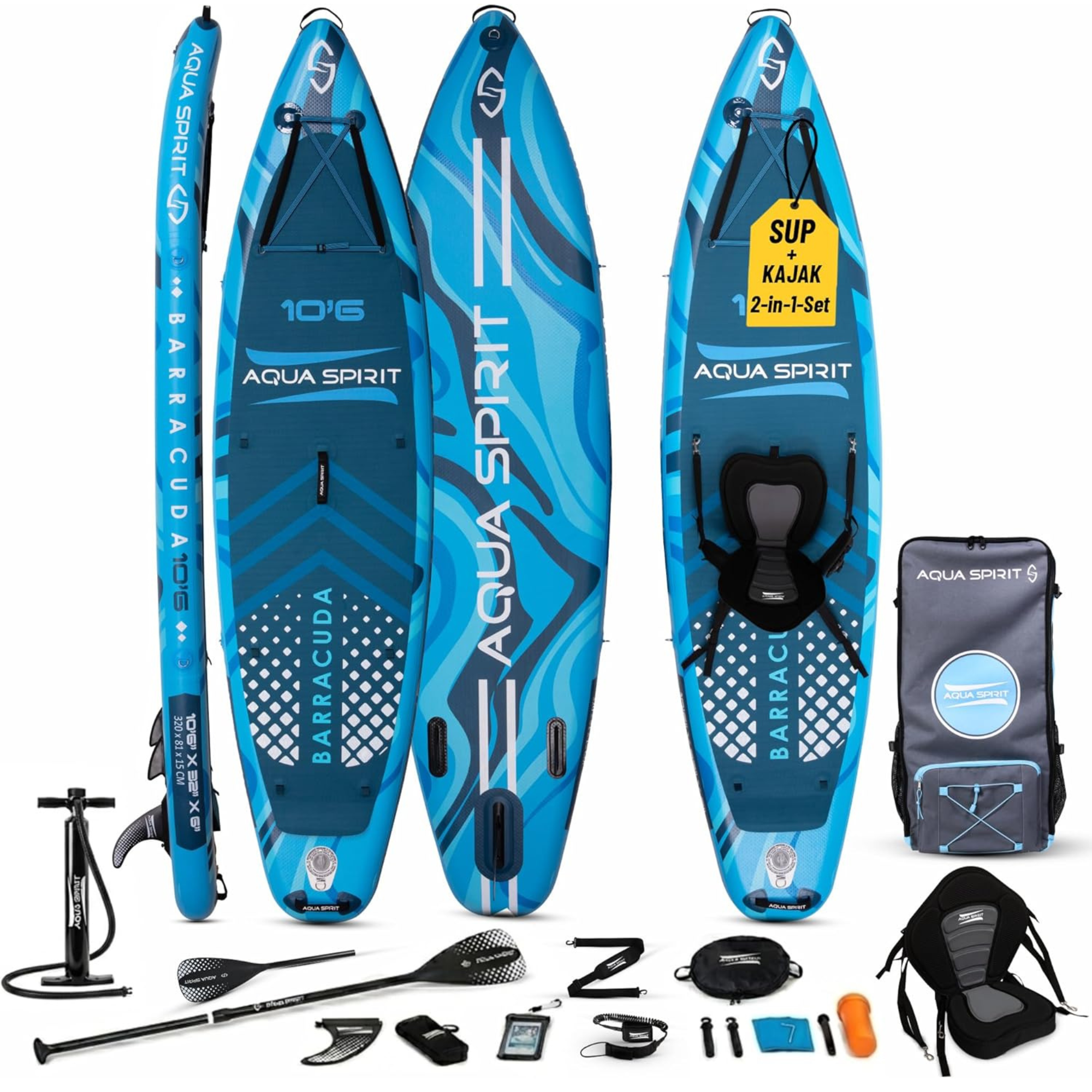 AQUA SPIRIT Barracuda SUP Board Set, Aufblasbares Stand-Up Paddle Board Set 6 Zoll dick mit Kajaksitz, verstellbarem Paddel, Tragetasche und Sicherheitsleine, Komplettes Zubehör, 3 Jahre Garantie